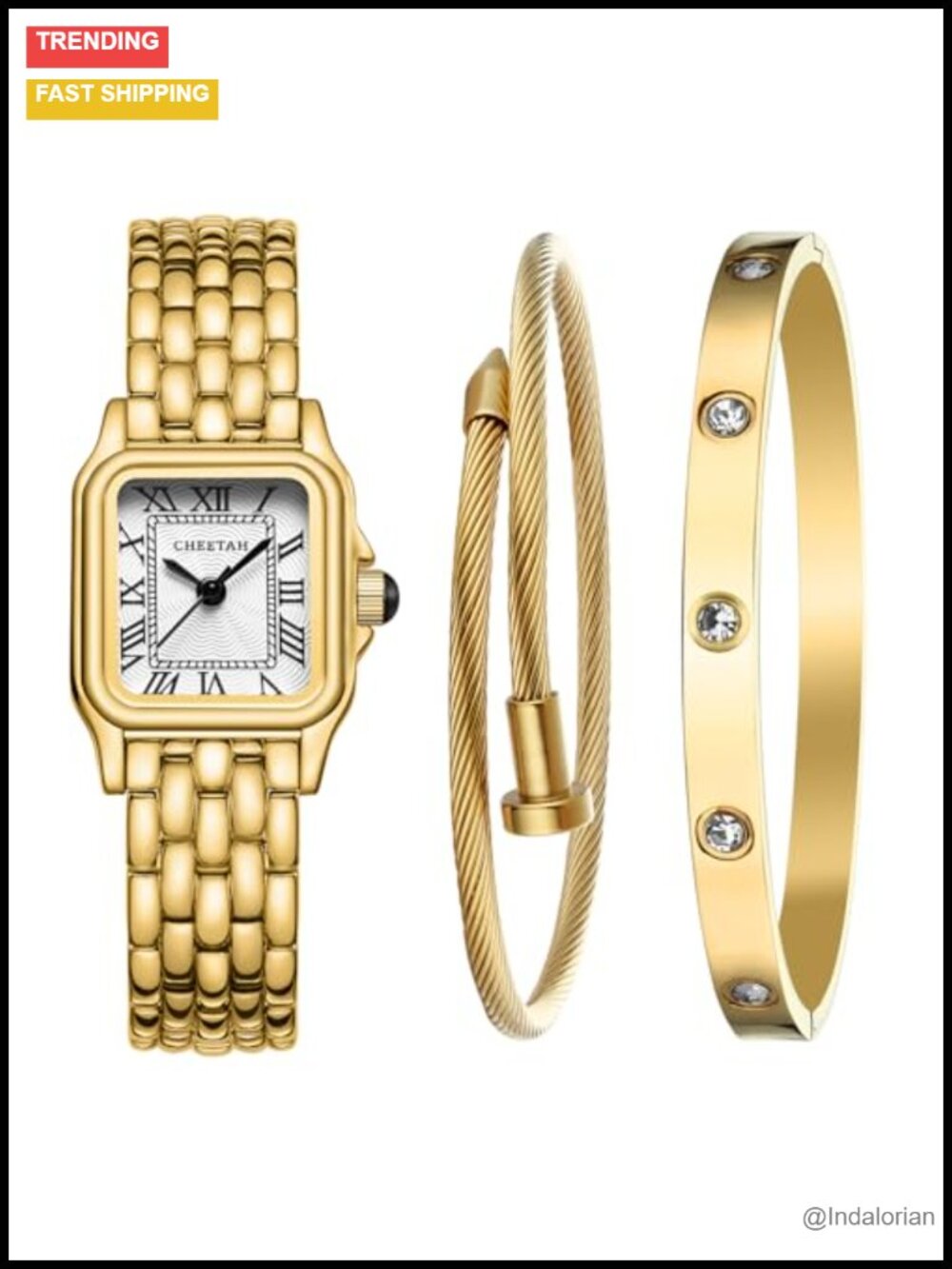 Gold-Tone Bangle Watch and Bracelet Set with Adjustable Fit